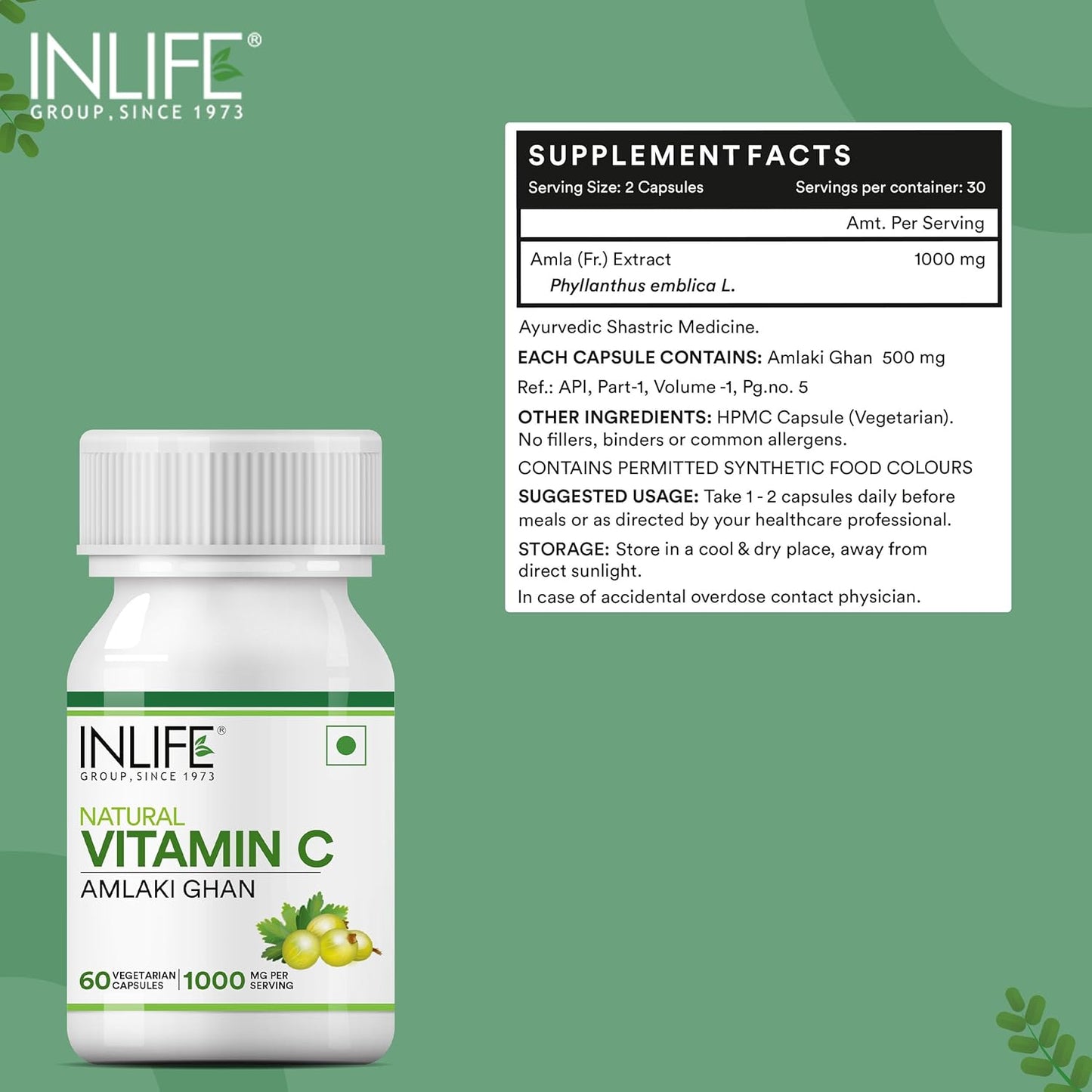 INLIFE Natural Vitamin C Amla Extract Supplement | Immunity, Overall Wellness for Men and Women - 60 Vegetarian Capsules (Pack of 1, 60)