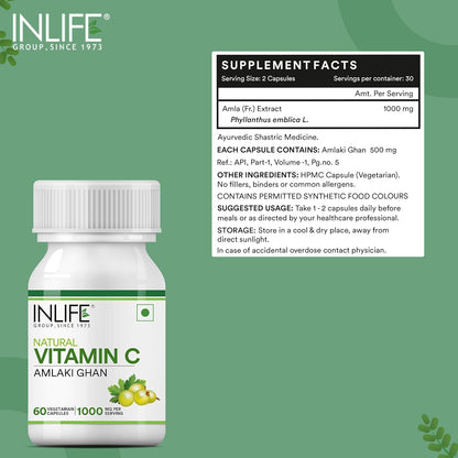 INLIFE Natural Vitamin C Amla Extract Supplement | Immunity, Overall Wellness for Men and Women - 60 Vegetarian Capsules (Pack of 1, 60)