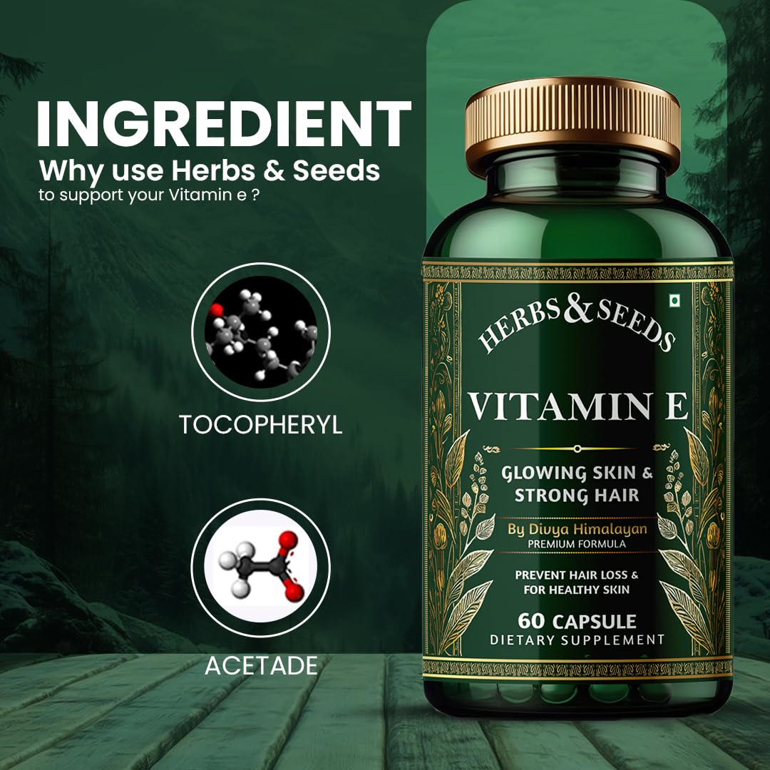 Herbs & Seeds Vitamin E supplement bottle with ingredients and benefits on a green background