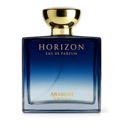 Horizon Eau de Parfum bottle with gold cap on a white background