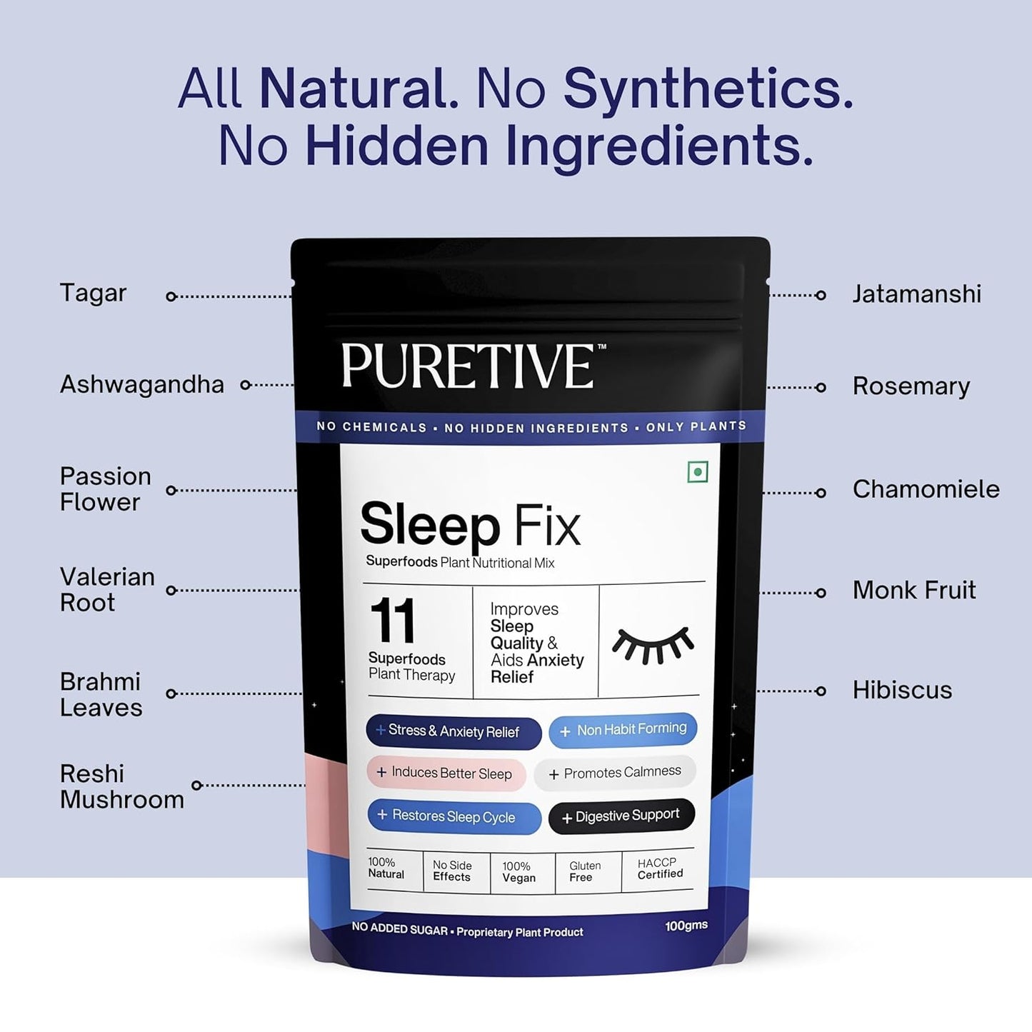 Puretive Sleep Fix package with ingredients listed on a light blue background