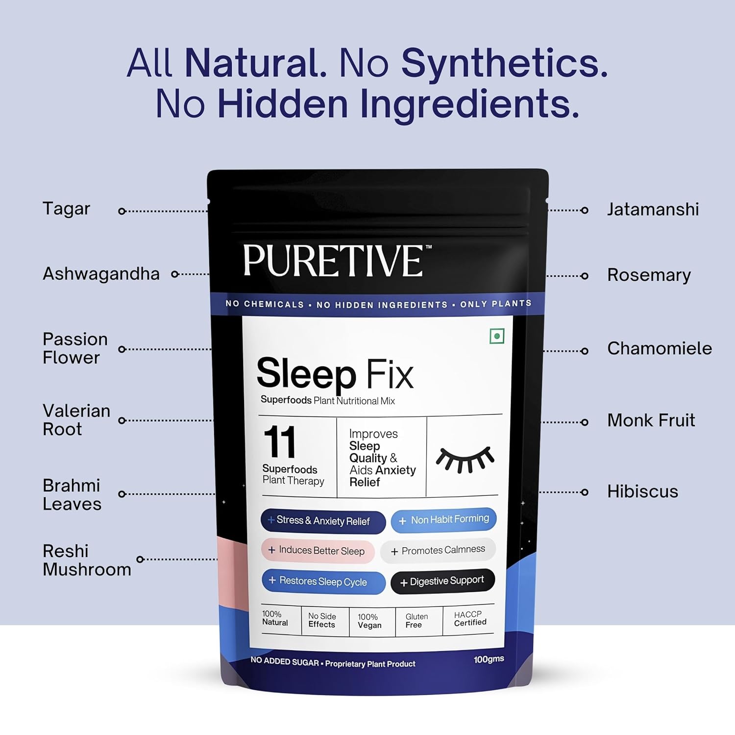 Puretive Sleep Fix package with ingredients listed on a light blue background