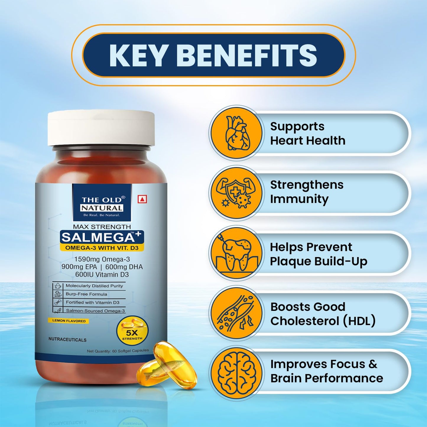 The Old Natural Salmega Omega 3 Fish Oil with Vitamin D3 600 IU – 1590mg High Strength (900mg EPA & 600mg DHA) for Heart, Brain, Joint & Immunity Support – Fish Oil Capsules for Men & Women – 60 Softgels