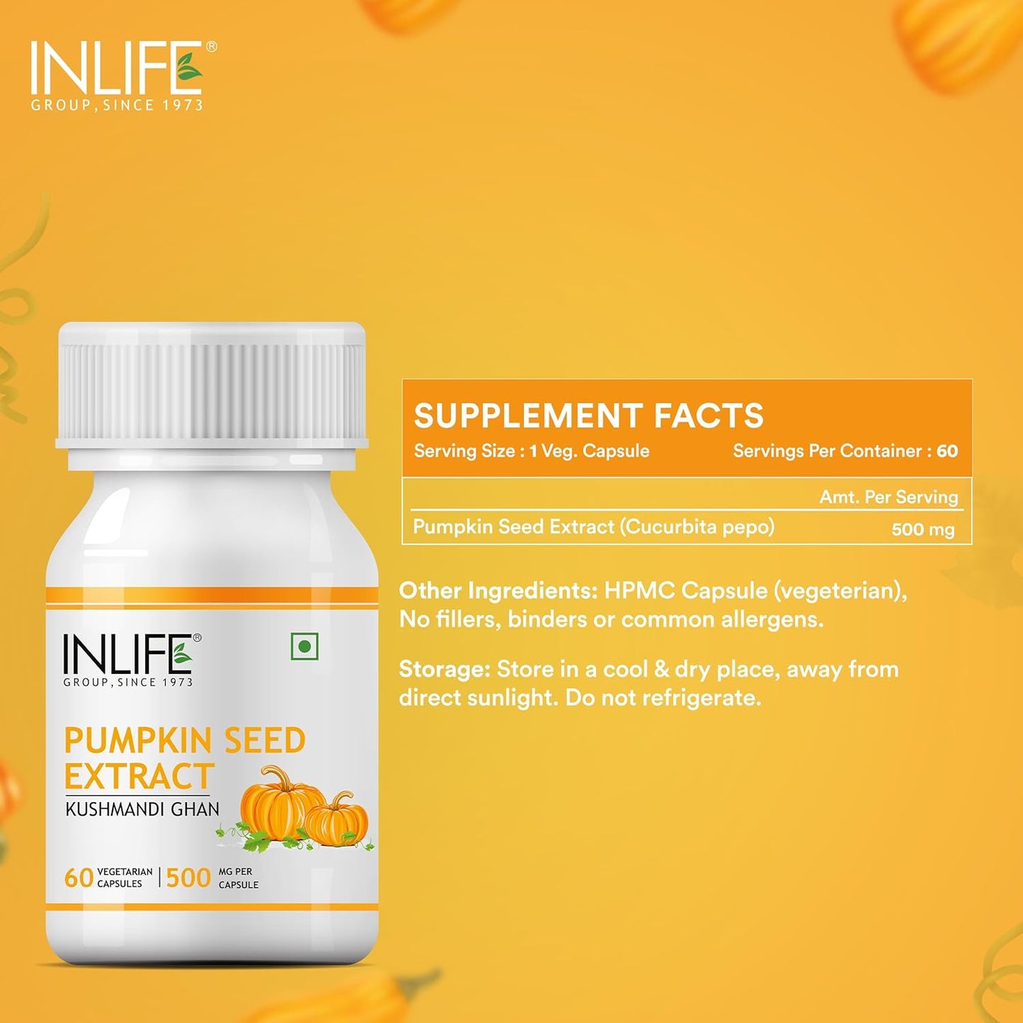 INLIFE Pumpkin Seed Extract Supplement, 500 mg - 60 Vegetarian Capsules (Pack of 1)