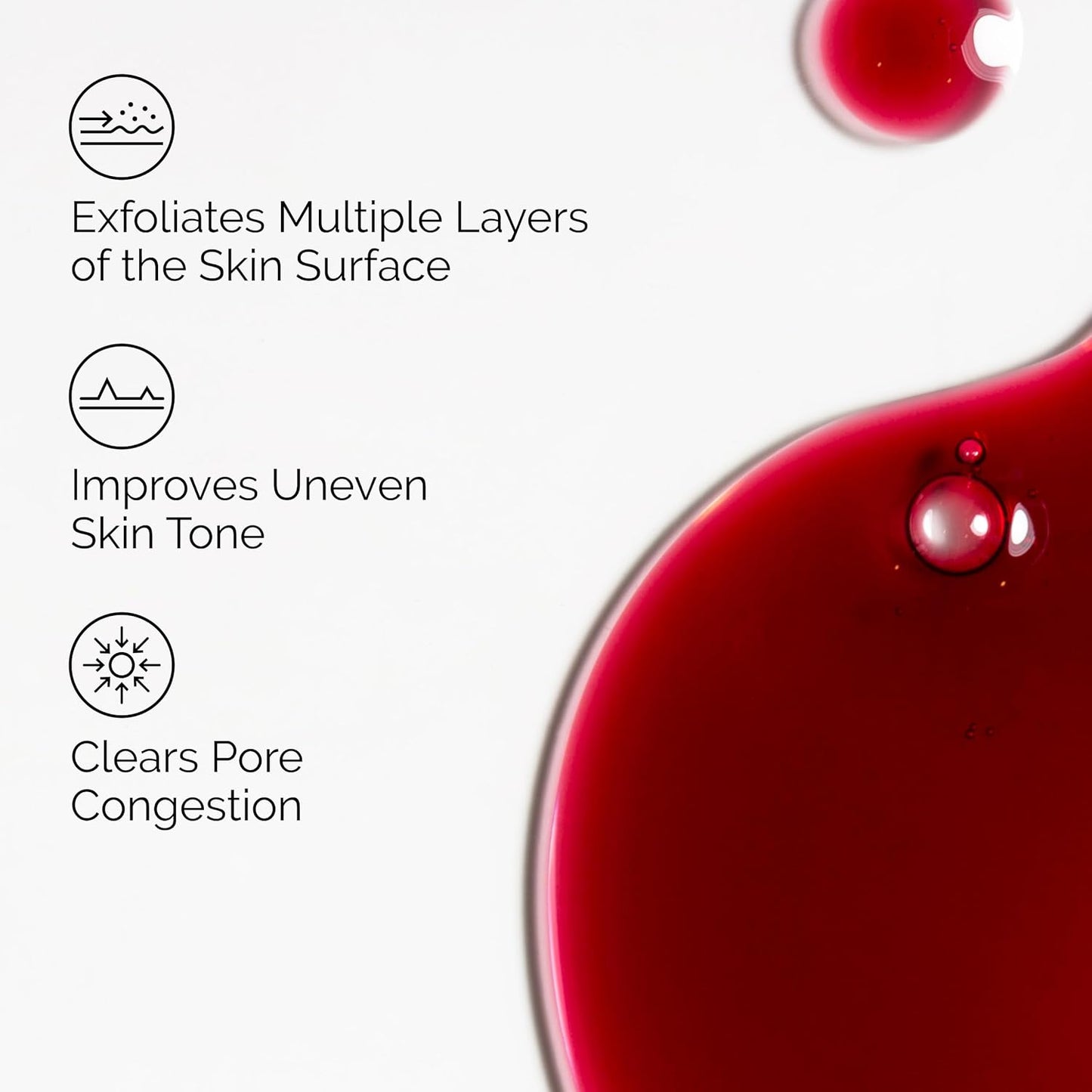 Red liquid with droplets on a white background, featuring text about skincare benefits.