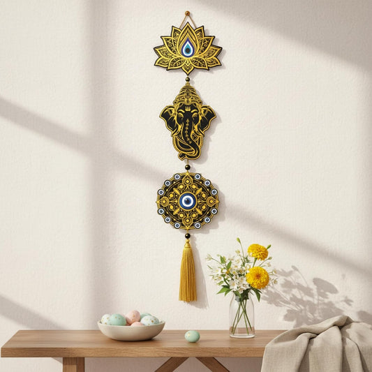 eCraftIndia Gold Foil Embossed Wooden Evil Eye Lotus Ganesha Wall Hanging for Home Office