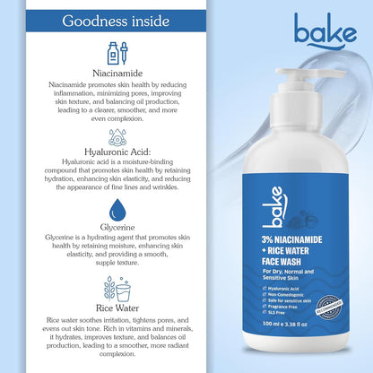 BAKE 3% Niacinamide Face Wash with Rice Water for Acne Marks, Scars & Dark Spots | Daily Anti Acne Face Wash | With Hyaluronic Acid - 100ml