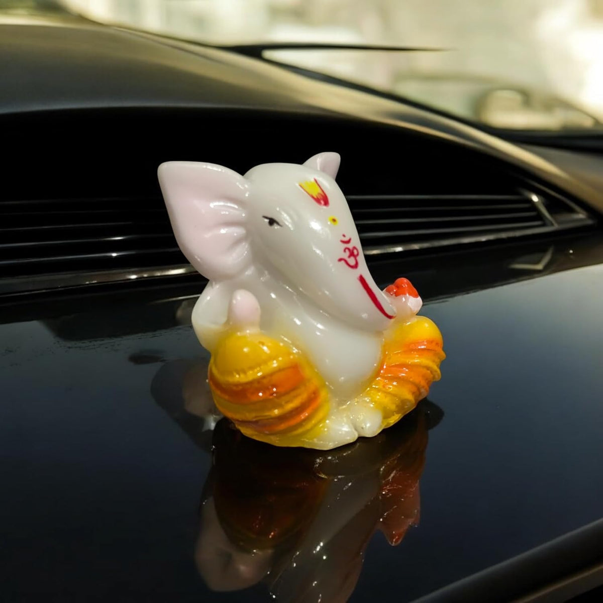 Lord Ganesha Idol for Car Dashboard | Composite Marble Ganesh | Available in White, Golden & Black | Small Sitting Ganpati Murti