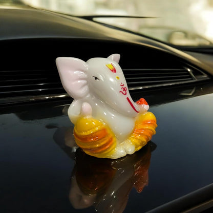 Lord Ganesha Idol for Car Dashboard | Composite Marble Ganesh | Available in White, Golden & Black | Small Sitting Ganpati Murti