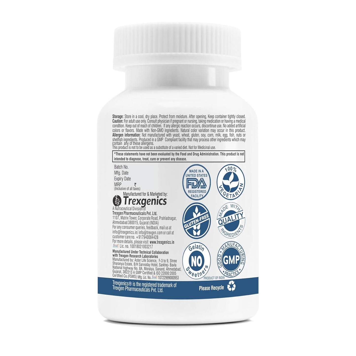 Bottle label with certification logos and text on a white background