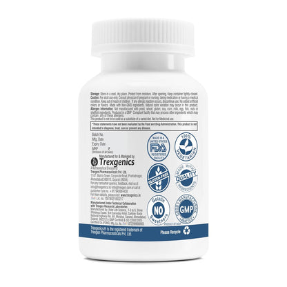 Bottle label with certification logos and text on a white background