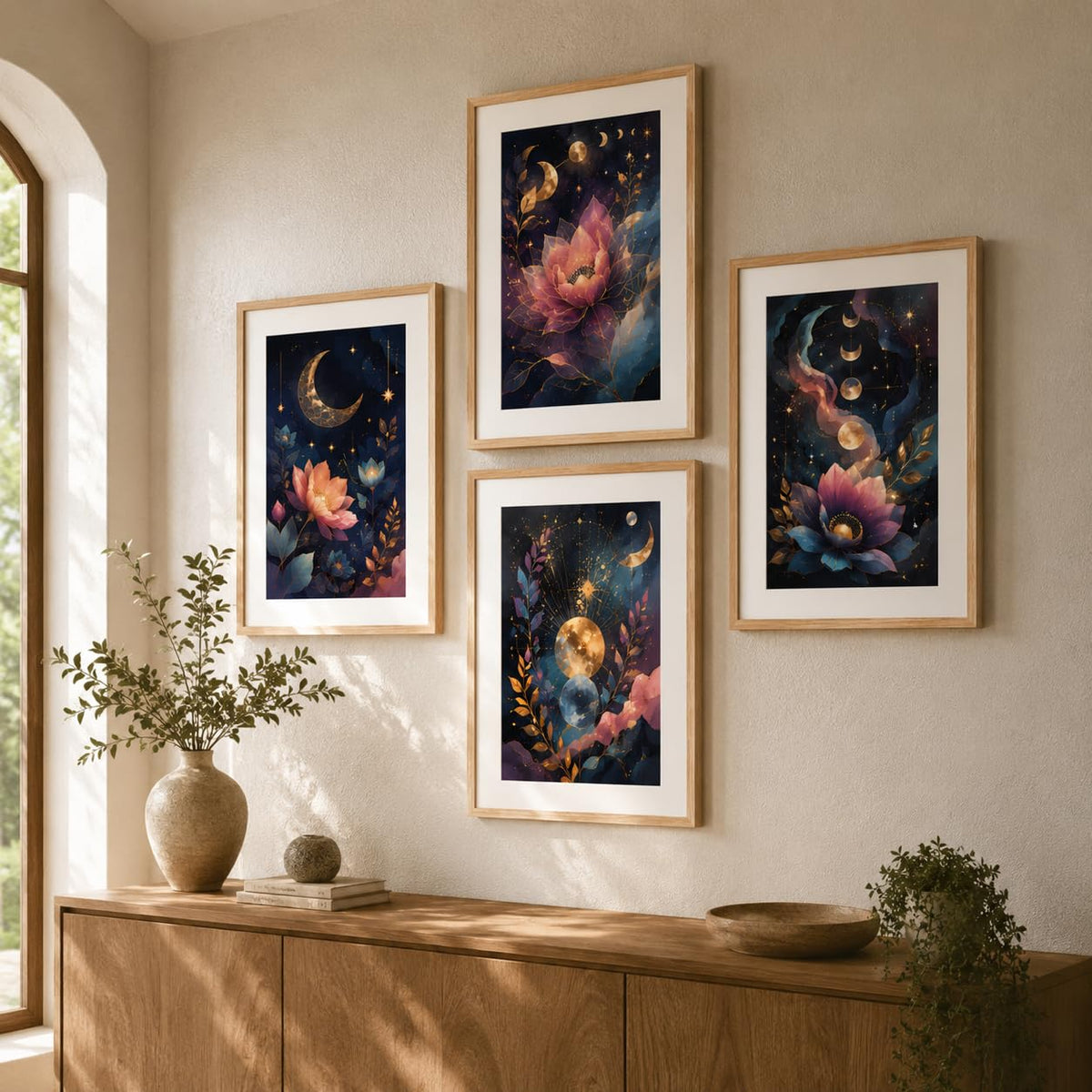 Set of 4 Celestial Moon Lotus Floral Wall Paintings with Sparkle Laminate and Premium Wooden Synthetic Frame for Living Room Bedroom Office Decor (13.5 x 19.5 Inch)