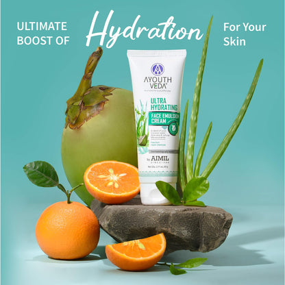 Ayouthveda Ultra Hydrating Face Emulsion Cream | Nature’s Goodness for 24 hours Hydration | Moisturizes, Tones, and Brightens Skin | Prevent Dark spots, Blackheads and Blemishes | With Coconut Water, Aloe Vera, and Green Tea - (Pack Of 1; 60G)