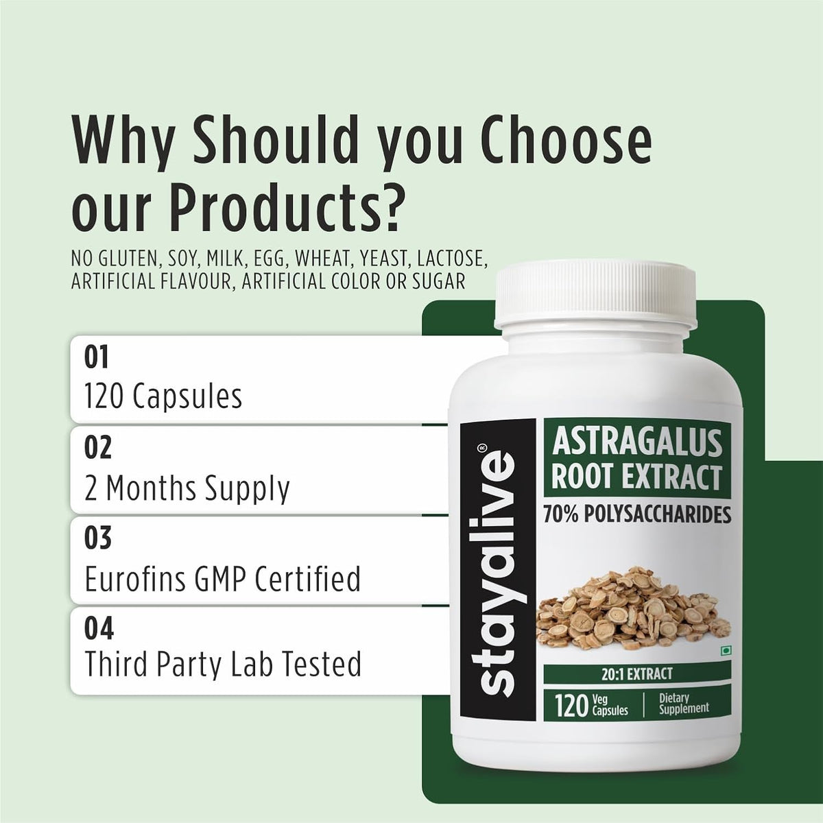 STAYALIVE Astragalus Root Extract 600mg, 70% Polysaccharides, 120 Capsules
