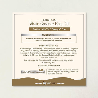 Nat Habit 100% Pure Virgin Coconut Baby Oil For Baby Skin & Hair, Enriched With Vit E & Omega-3, 6 Non-Refined, LLP Free, Chemical & Preservative Free - 200 ml