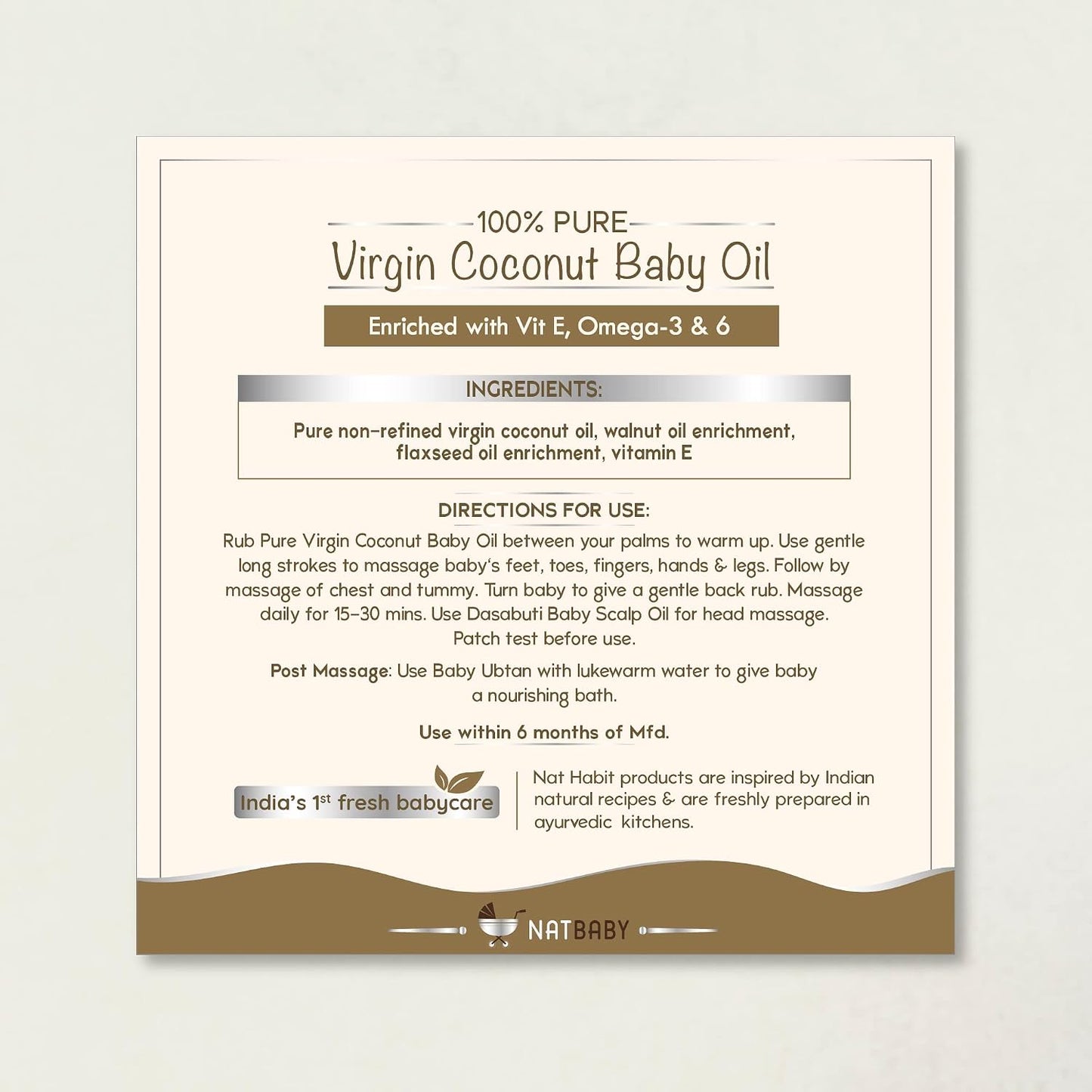 Nat Habit 100% Pure Virgin Coconut Baby Oil For Baby Skin & Hair, Enriched With Vit E & Omega-3, 6 Non-Refined, LLP Free, Chemical & Preservative Free - 100 ml