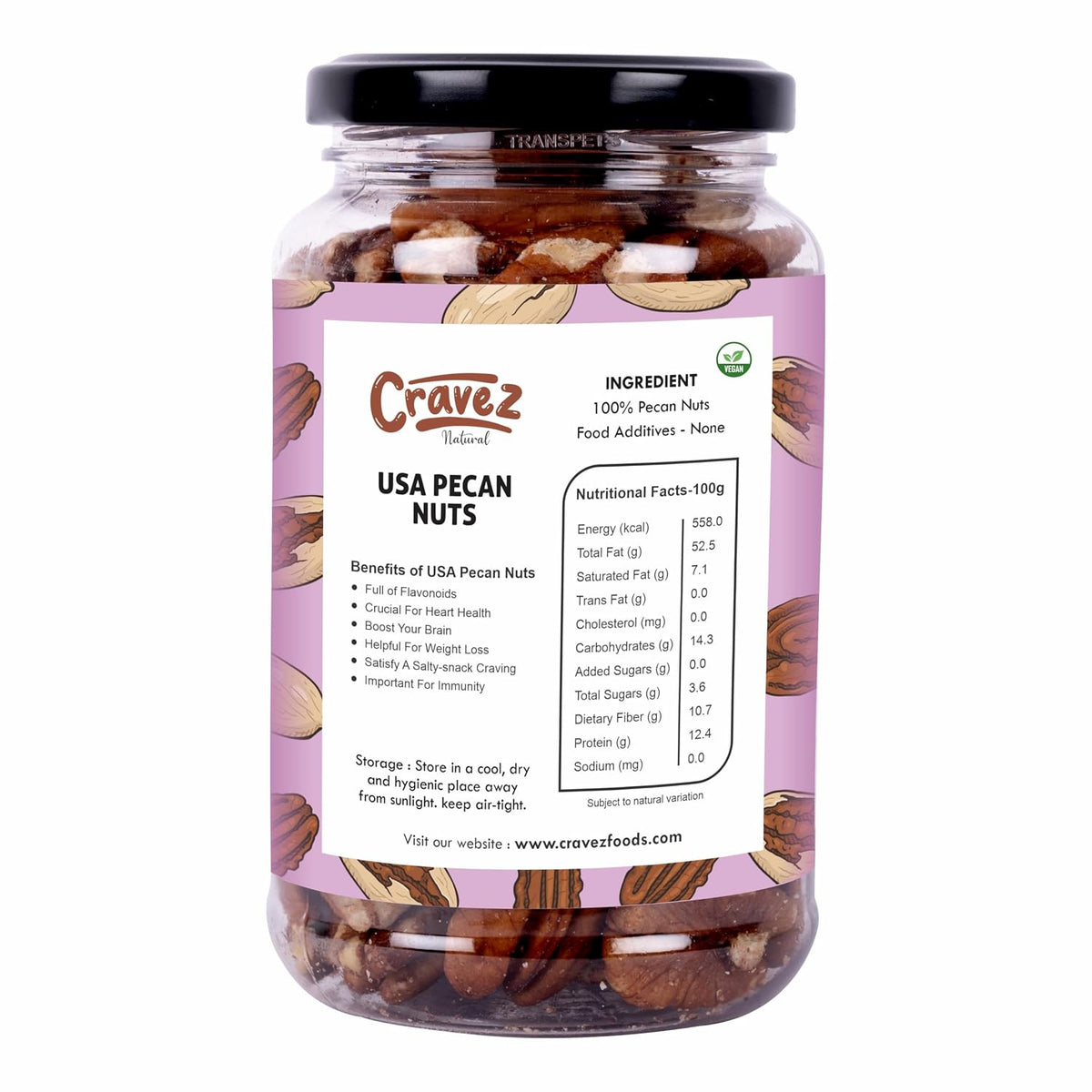 cravez Natural Usa Pecan Nuts (Grade A ++ Nuts, Premium Size, Imported) - Excellent Source Of Phenolic Antioxidant - Packed In Reusable Premium Jar - Dried