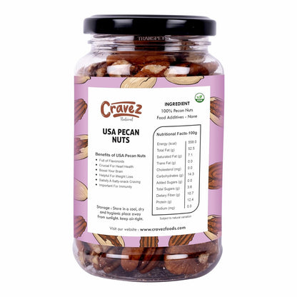 cravez Natural Usa Pecan Nuts (Grade A ++ Nuts, Premium Size, Imported) - Excellent Source Of Phenolic Antioxidant - Packed In Reusable Premium Jar - Dried
