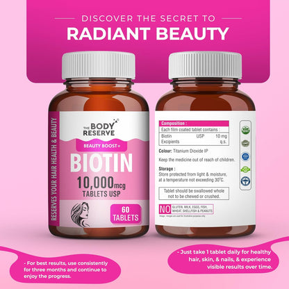 Two bottles of The Body Reserve Biotin supplements on a pink background with text about radiant beauty.