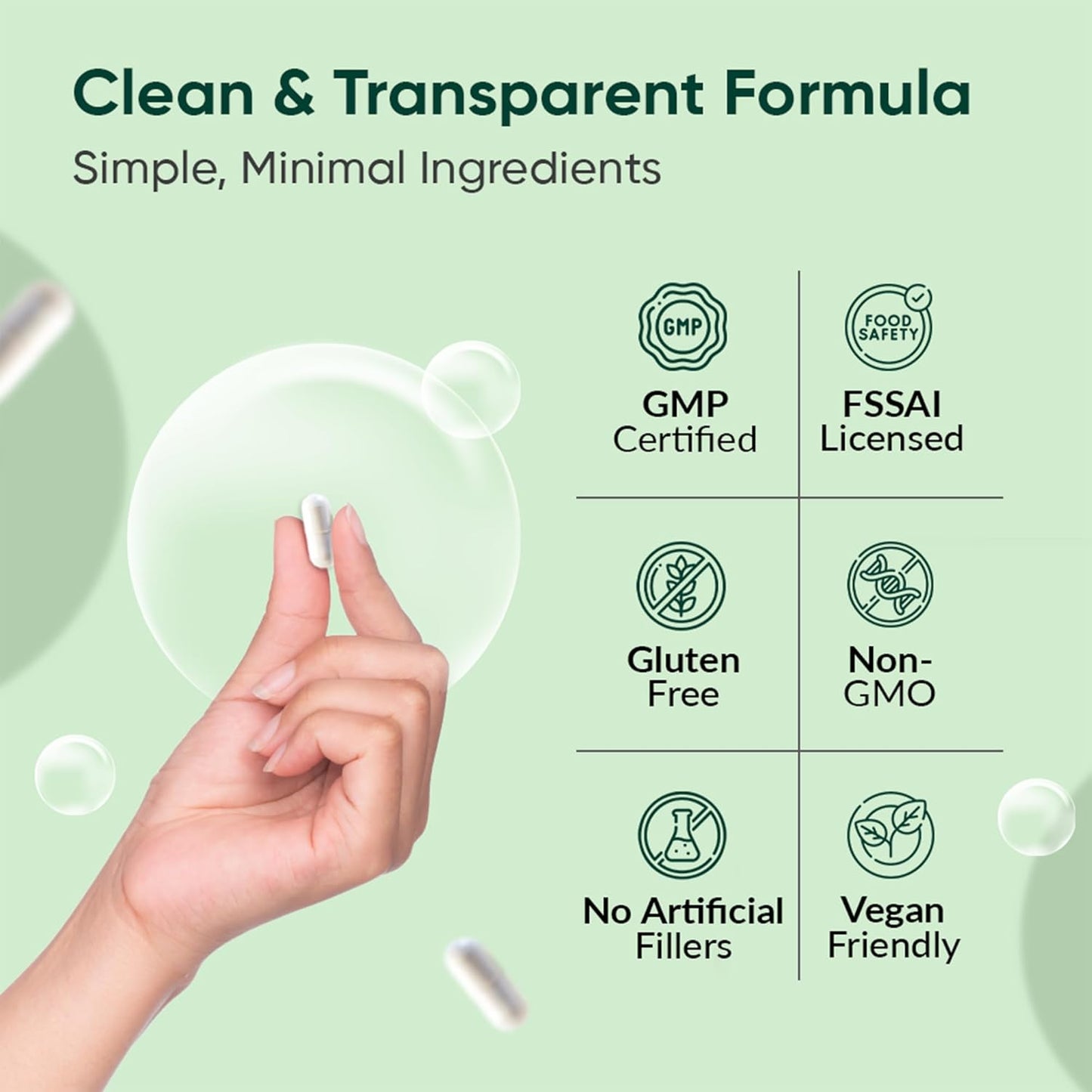 Product packaging with certification logos and a hand holding a product on a green background