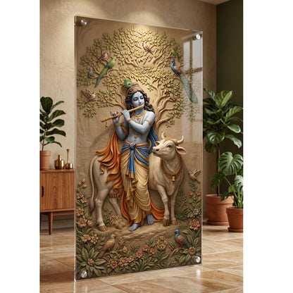 Krishna with Cow Acrylic Wall Painting for Living Room | 4MM Acrylic Glass Wall Decor | Vastu Krishna Canvas Art for Home Decoration, Bedroom, Office Wall Decoration | Spiritual Tree of Life Painting (12x23 inch)