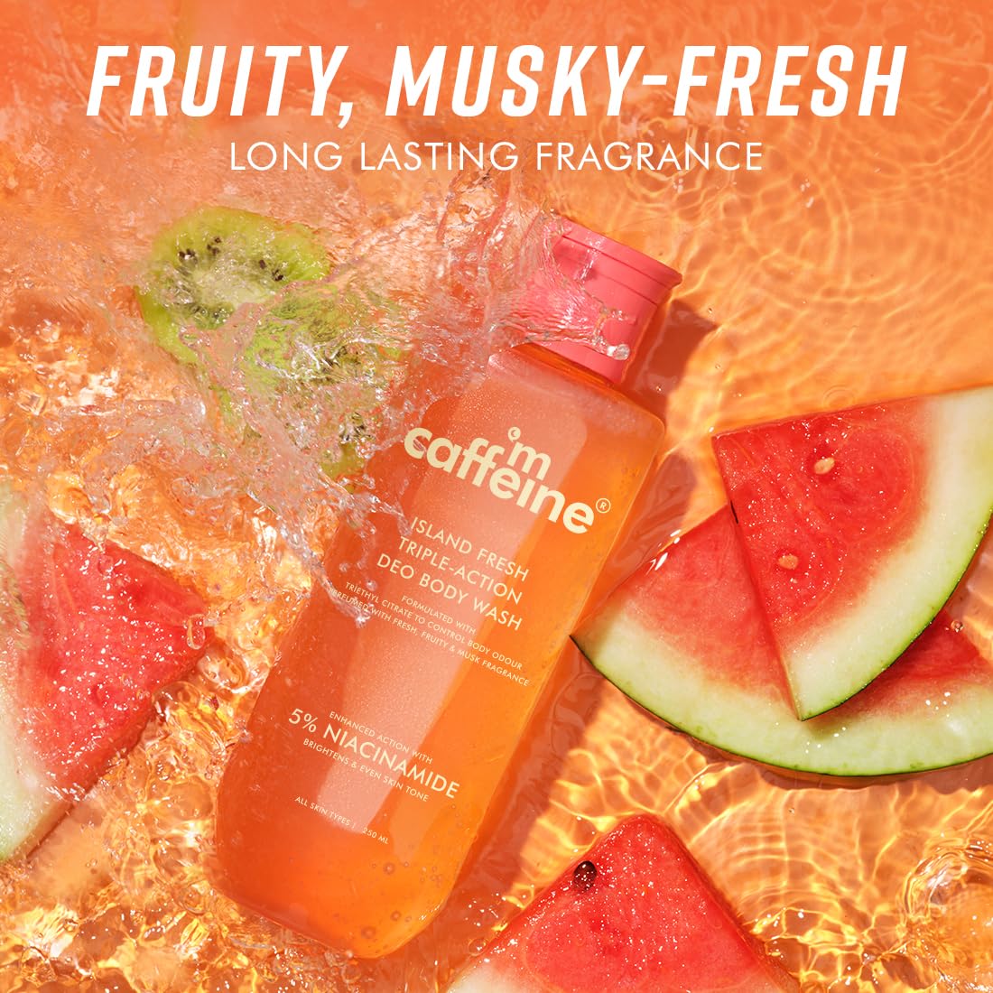 Caffeine Island Fresh deo body wash bottle surrounded by watermelon slices on a bright background