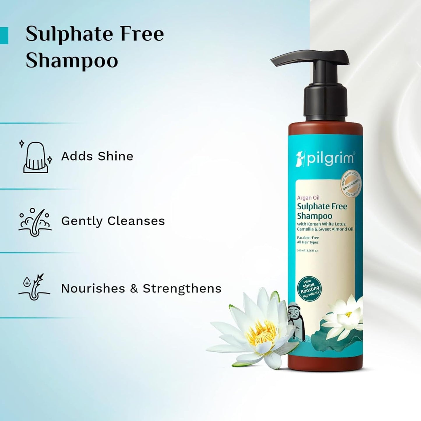 Pilgrim Mild Sulphate Free Shampoo (Argan Oil) For Dry Frizzy Hair, Men and Women, No Sulphate No Paraben, Korean Beauty Secrets (Shampoo), 200ml