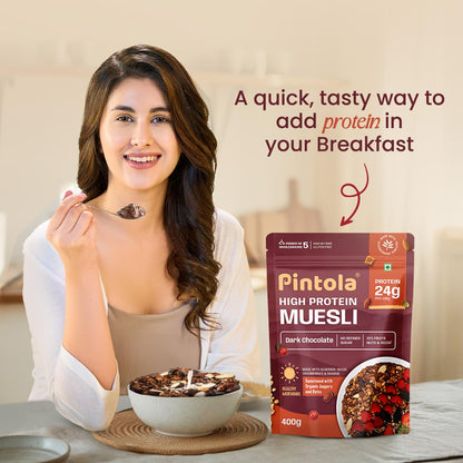 Pintola High Protein Muesli Dark Chocolate & Cranberry 400g, 24g Protein, High Fibre, Trans Fat Free with Brown Sugar, Real Fruits, Muesli for Breakfast Food, Muselies Fruit Nuts and Seeds (400g)
