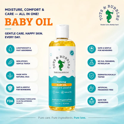 Tots & Bubbles 100% Natural Baby Massage Oil | Almond, Olive & Mustard Oil Blend for Skin & Hair | Lightweight, Non-Sticky & Gentle for Newborn – 300 ml