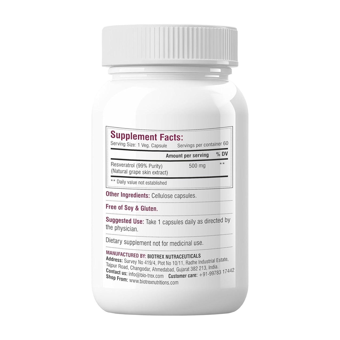 Biotrex Nutraceuticals Trans Resveratrol 500mg | 99% High Purity Grade | Grape Skin Extract | Supports Blood Sugar Levels & Healthy Heart | 60 Veg Capsules
