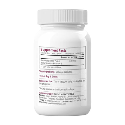 Biotrex Nutraceuticals Trans Resveratrol 500mg | 99% High Purity Grade | Grape Skin Extract | Supports Blood Sugar Levels & Healthy Heart | 60 Veg Capsules