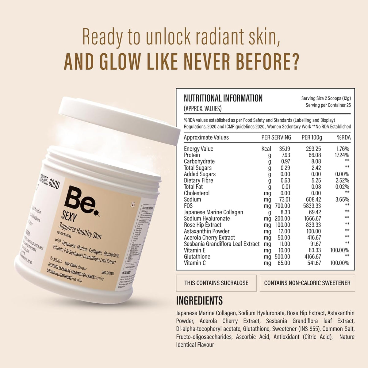 Be. Japanese Marine Collagen Powder for Women & Men | Type I & III Collagen Peptides with Glutathione, Vitamin C, Hyaluronic Acid & Astaxanthin | Mix-Fruit Flavour for Skin, Hair, Nails & Joints | 300 g