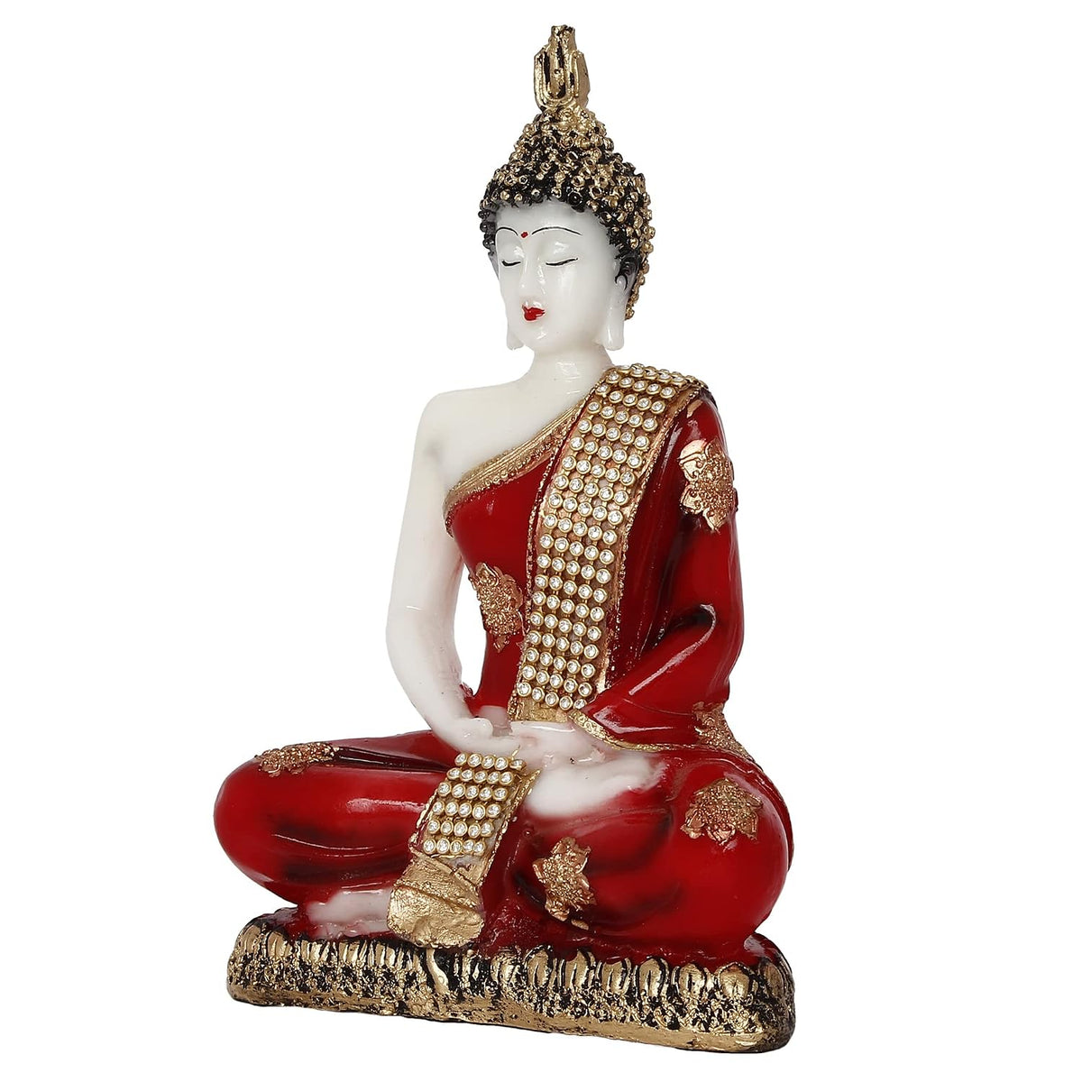 White, Red & Golden Polyresin Handcrafted Meditating Lord Buddha Statue - Perfect For Home And Office Decor - Ideal For Meditation, Yoga Enthusiasts - Thoughtful Gift For Diwali, Birthdays