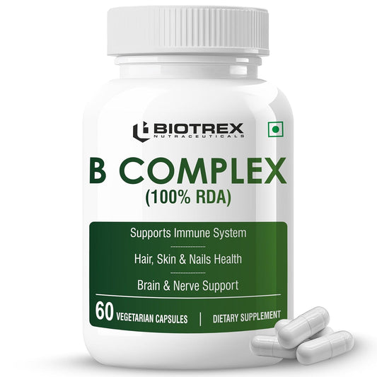 Biotrex Nutraceuticals B Complex Supplement Vitamin B1, B2, B3, B5, B6, B7, B8, B9, B12 & Vitamin C | 100% RDA | Supports Immune System | Hair, Skin & Nails Health | Daily | Brain & Nerve Support - 60 Veg Capsules