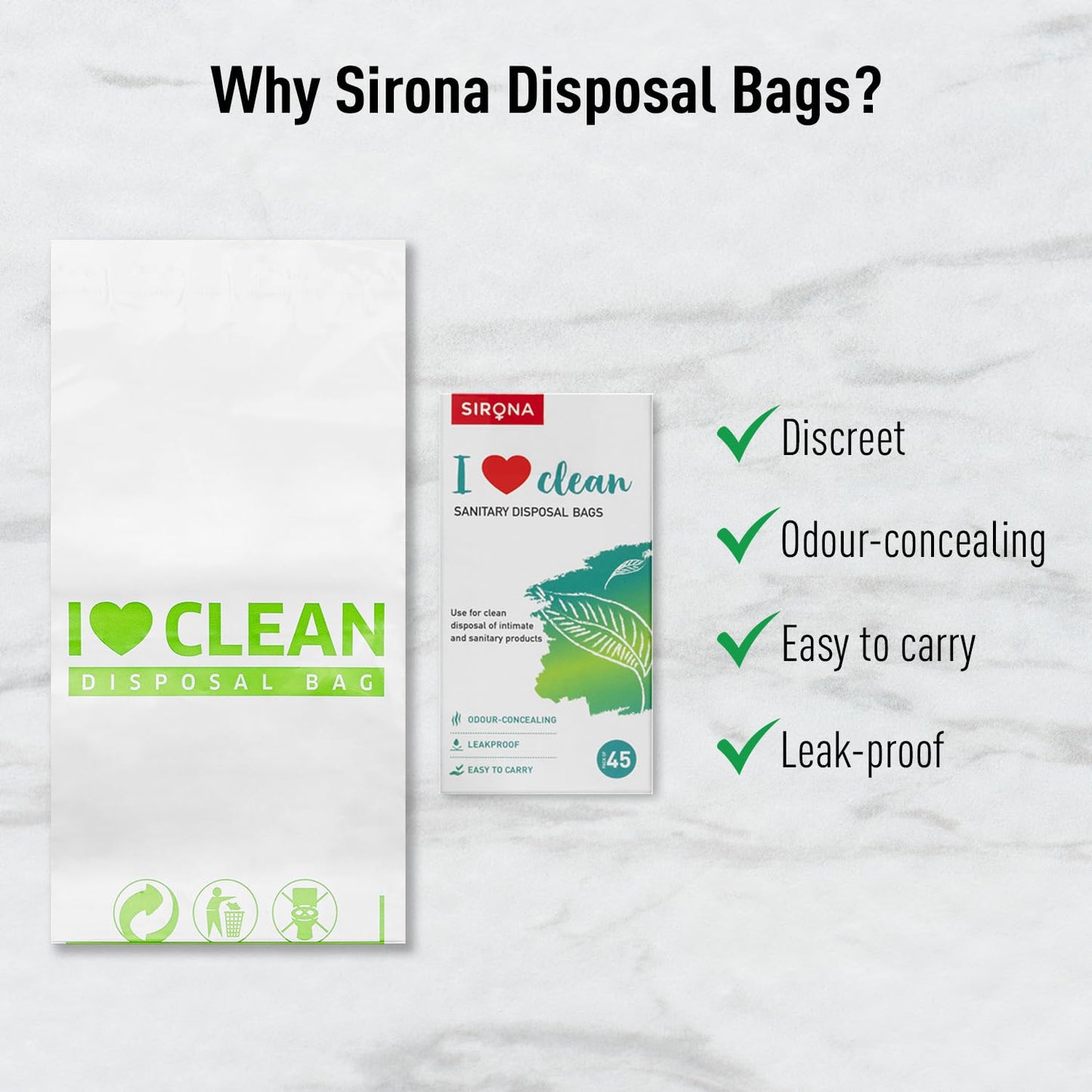 Sirona disposal bags packaging with features listed on a white background