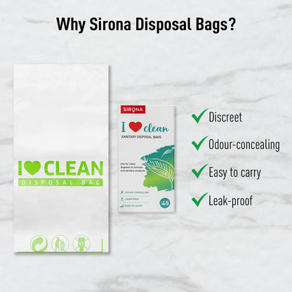 Sirona disposal bags packaging with features listed on a white background