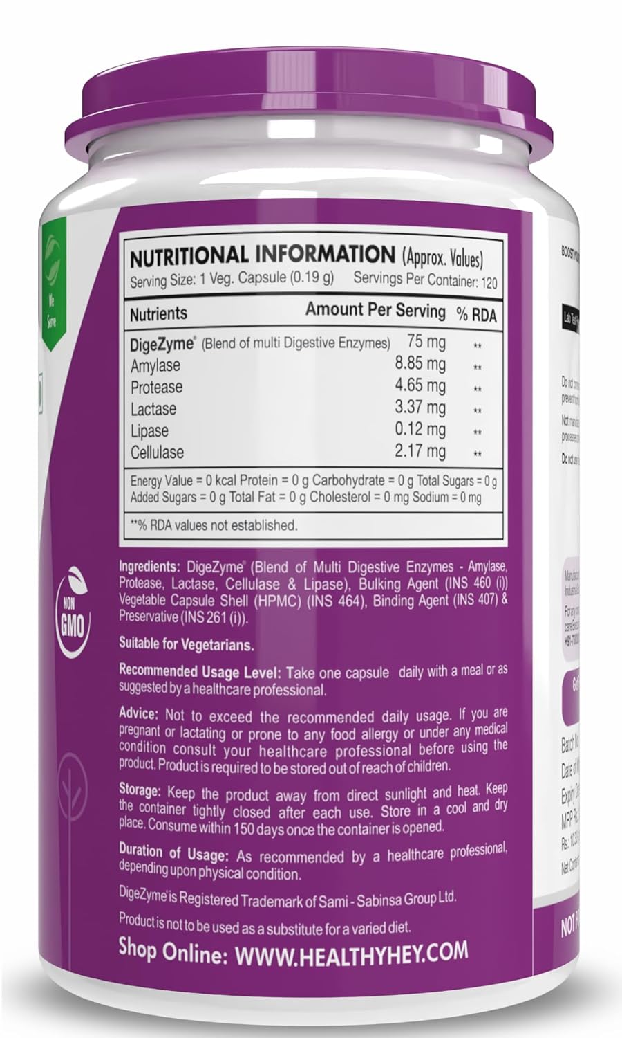 Nutritional information label on a supplement container with a purple label.