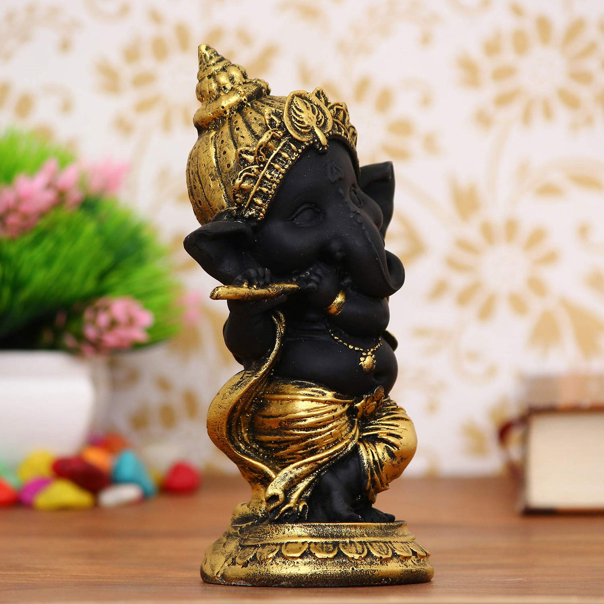Golden And Black Polyresin Lord Ganesha Idol Playing Flute Musical Instrument Decorative Showpiece - Ideal For Home, Office Decor - Gift For Diwali, Birthday, Ganesh Chaturthi Celebrations