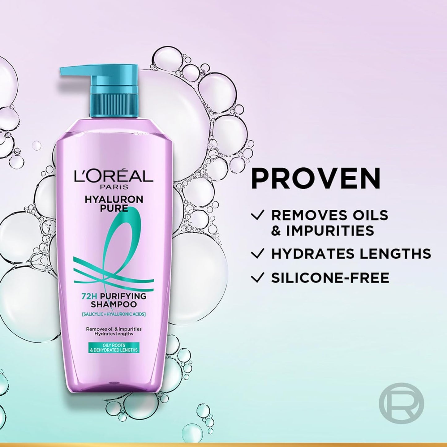 L'Oreal Hyaluron Pure shampoo bottle with product features on a light purple background