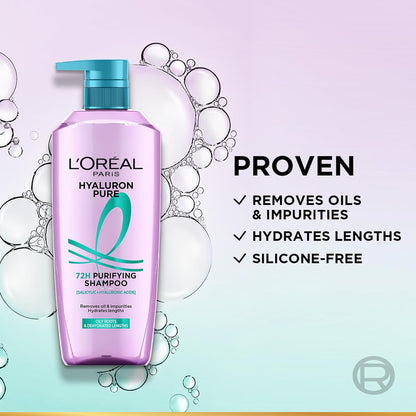 L'Oreal Hyaluron Pure shampoo bottle with product features on a light purple background