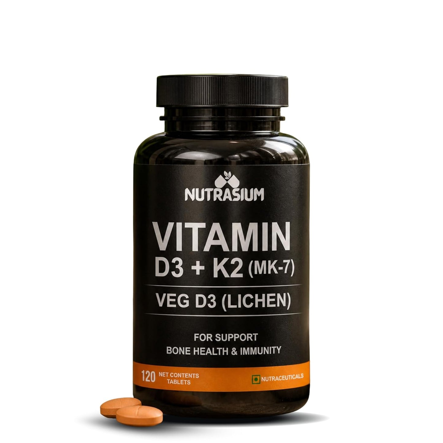 Nutrasium Vitamin D3 K2 Supplement | With Added B12 and DHA | Vitamin K2 MK7 To Support Strong Bone, Heart Health & Immunity | Veg D3 - Lichen - 120 Tablets