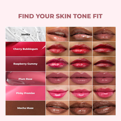 Lip color swatches with labeled shades on a beige background