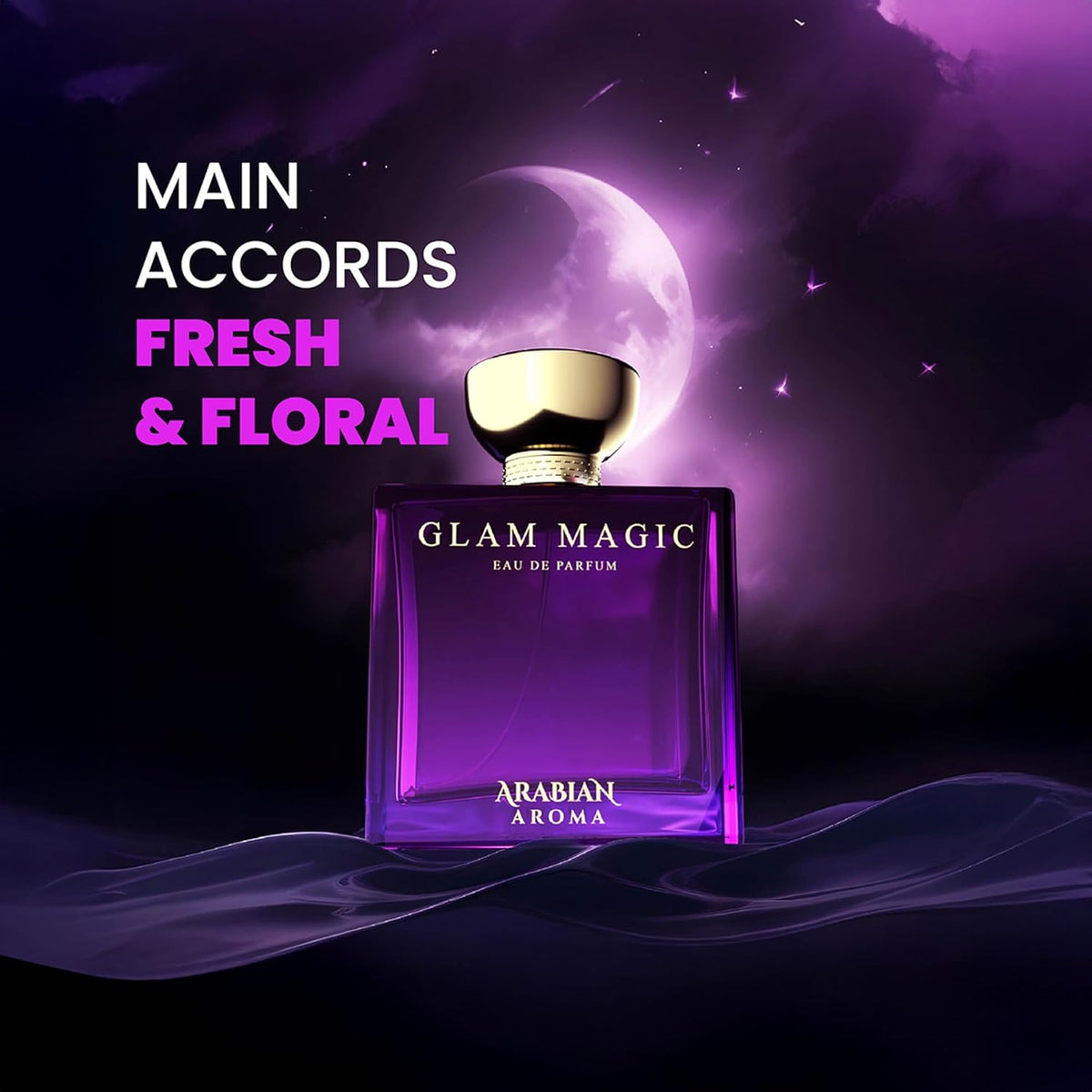 Purple perfume bottle labeled 'Glam Magic' with a gold cap on a dark background.