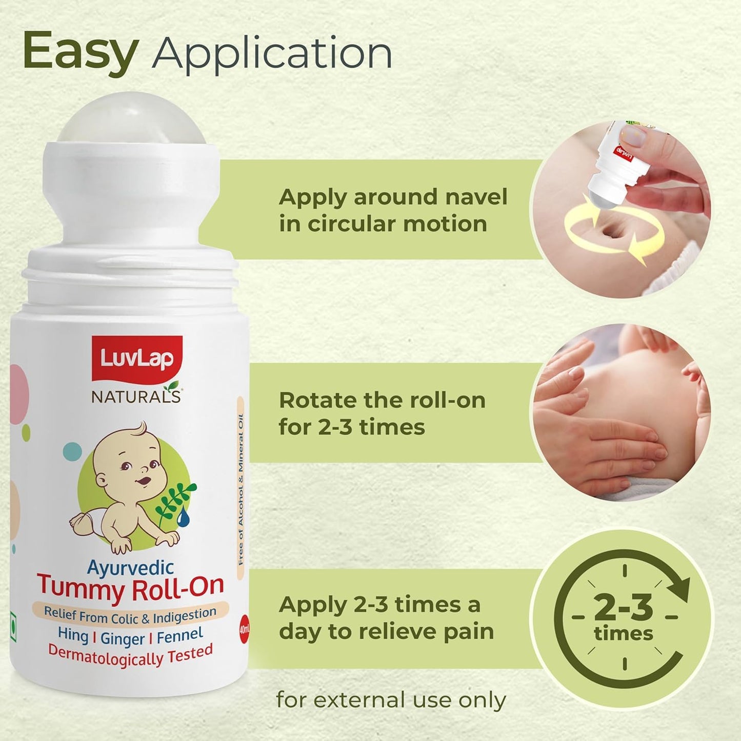Luvlap Naturals Baby Tummy Roll On Oil (40ml) for Colic & Gas Relief, Relieves Constipation & Indigestion with Hing, Ginger & Fennel (Saunf), Alcohol free, Dermatologically tested Ayurvedic medicine