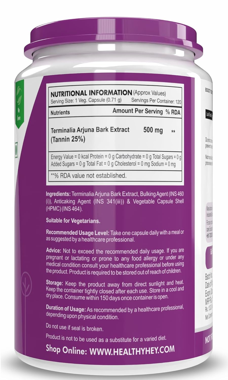 Supplement container with purple label and nutritional information on a white background