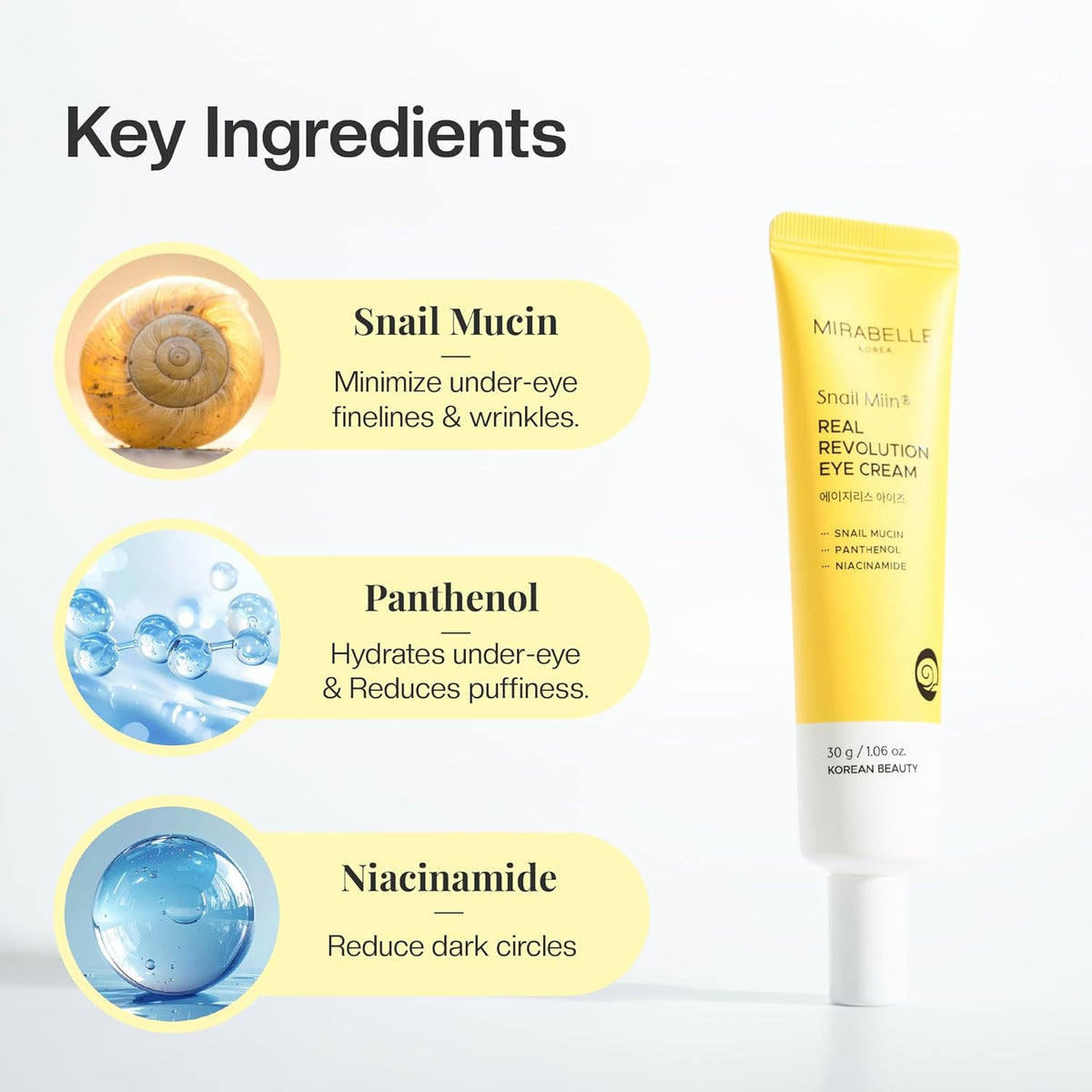 Eye cream with key ingredients listed on a white background