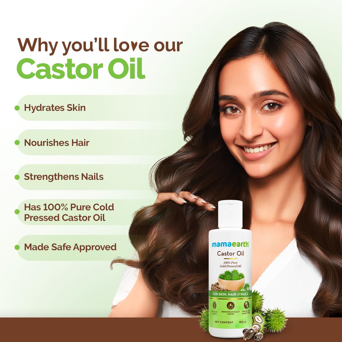 Mamaearth Castor Oil with 100% Pure Cold Pressed Castor Oil For Skin, Hair & Nails - 150 ml | Hydrates & Nourishes Skin | Promotes Hair Growth & Strengthens Hair | Strengthens Nails | Eyebrow & Eyelash Growth