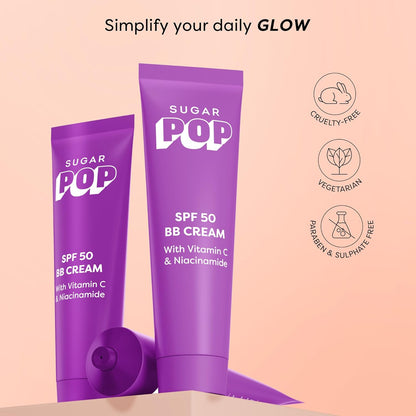 SUGAR POP SPF 50 BB Cream with Vitamin C & Niacinamide | Tinted Moisturiser with Matte Finish | Lightweight | 30gm - 01 Sand