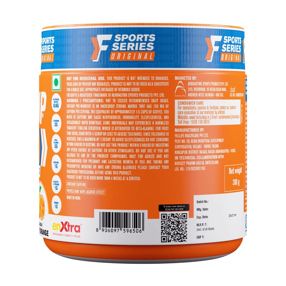 Back view of a protein powder container with branding and nutritional information.
