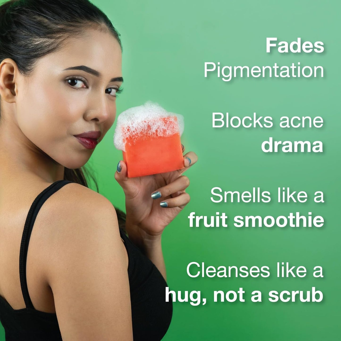 Woman holding a bar of soap with text about its benefits on a green background